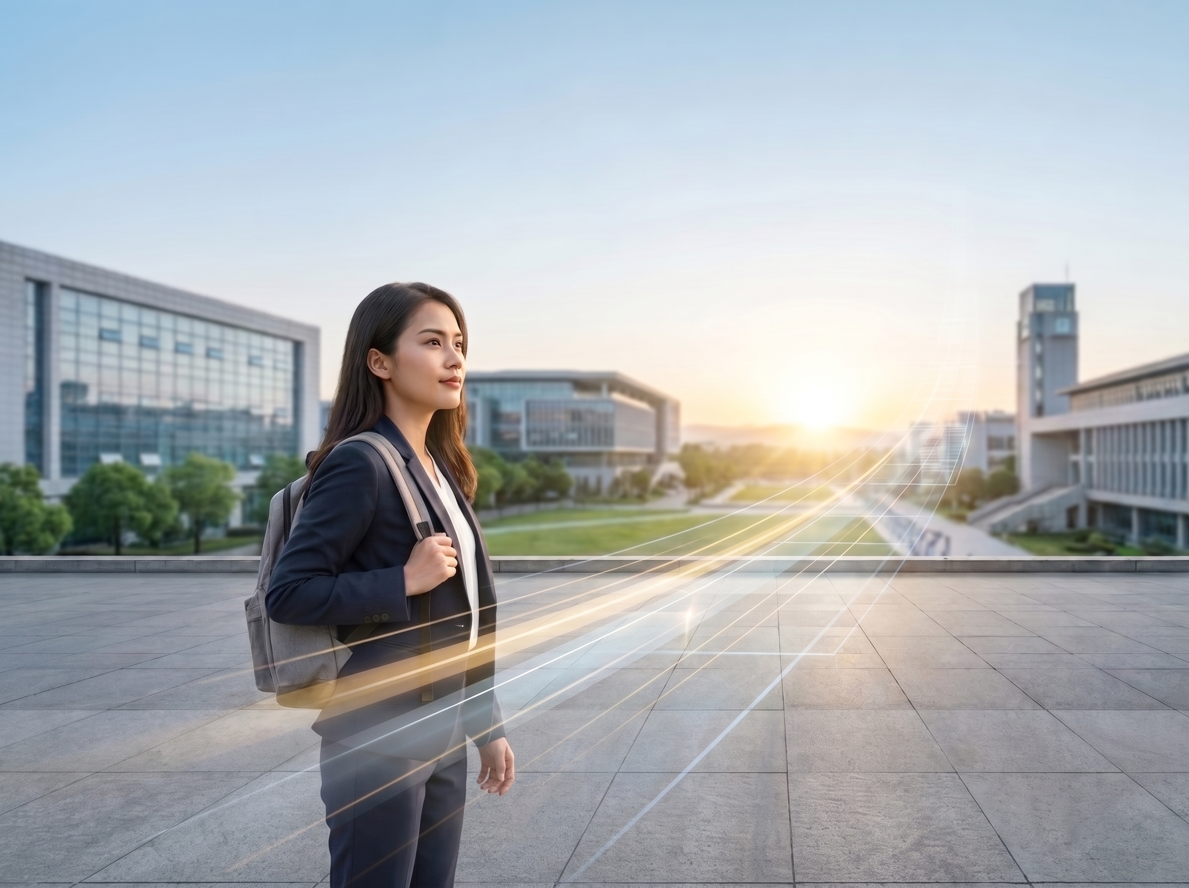 A student looking toward future academic opportunities on a modern university campus